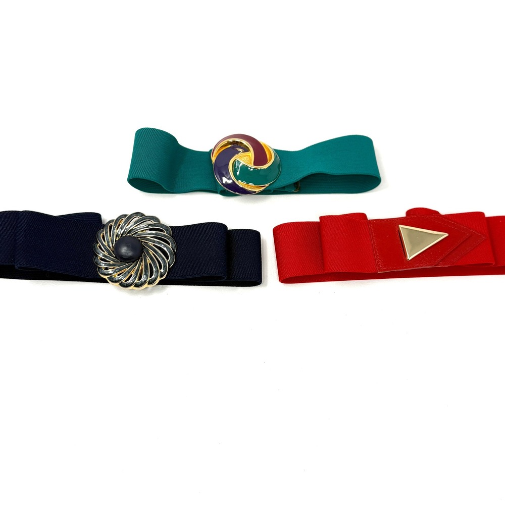 Vtg 90s Stretch Belts Set Enamel Flower Green Black Gold Triangle Red M/L Office
